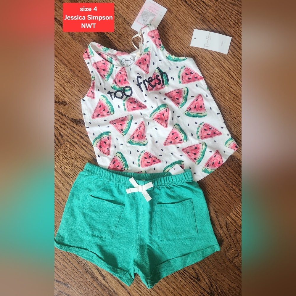 Watermelon Print Tank and Teal Shorts Set